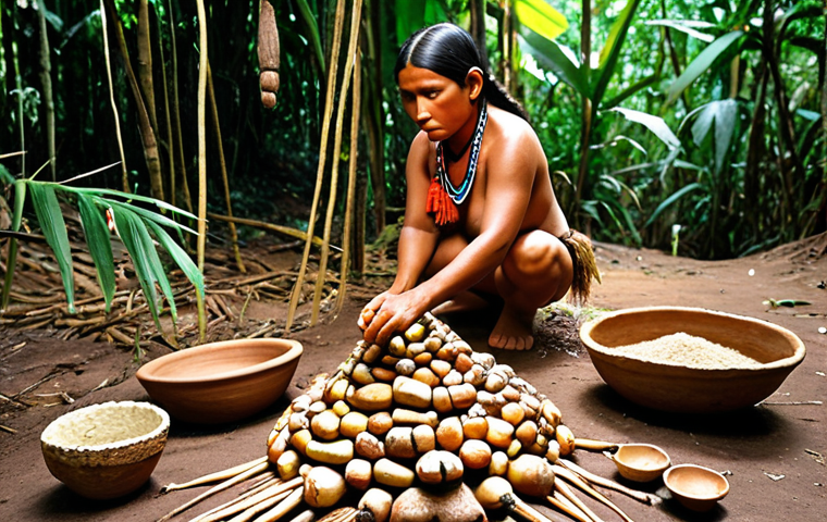 **

A vibrant depiction of pre-Columbian Brazil. Indigenous people are shown thriving in the Amazon rainforest, cultivating crops like cassava and corn using Terra Preta techniques. Feature detailed pottery, basketry, and body ornamentation, showcasing their artistic skills and connection to nature.

**